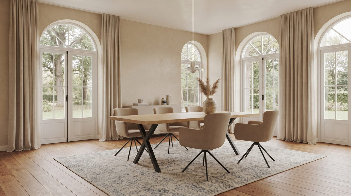 Rechthoekige eiken eettafel met stoelen in een lichte eetkamer