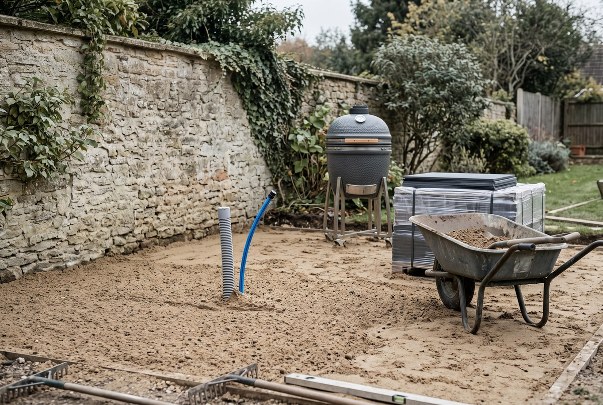 Tuin in aanleg met mantelbuis en waterleiding uit het zandbed, op de plek van de buitenkeuken