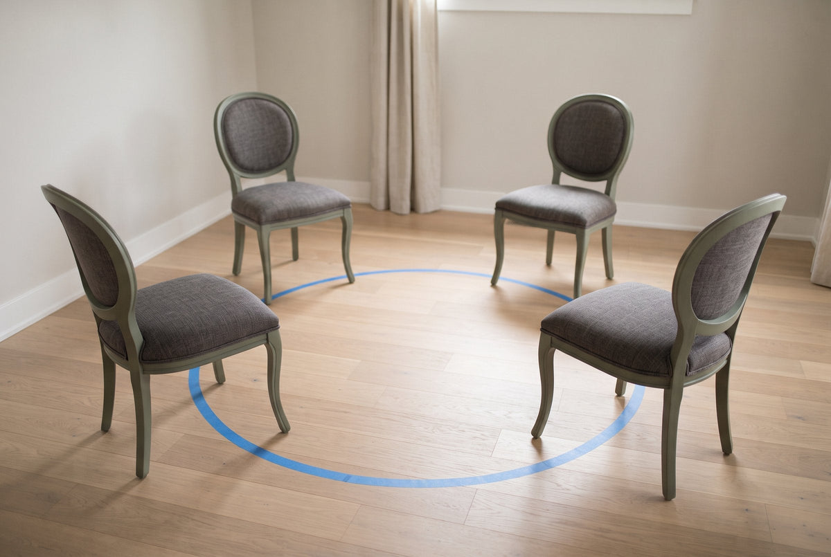 Cirkel van schilderstape op de vloer met vier stoelen eromheen, om de maat van een ronde tafel uit te proberen