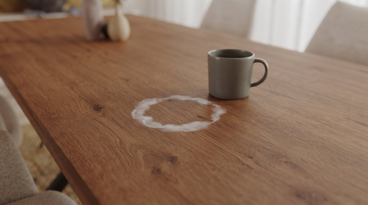 Witte kring van een mok op een eiken tafelblad
