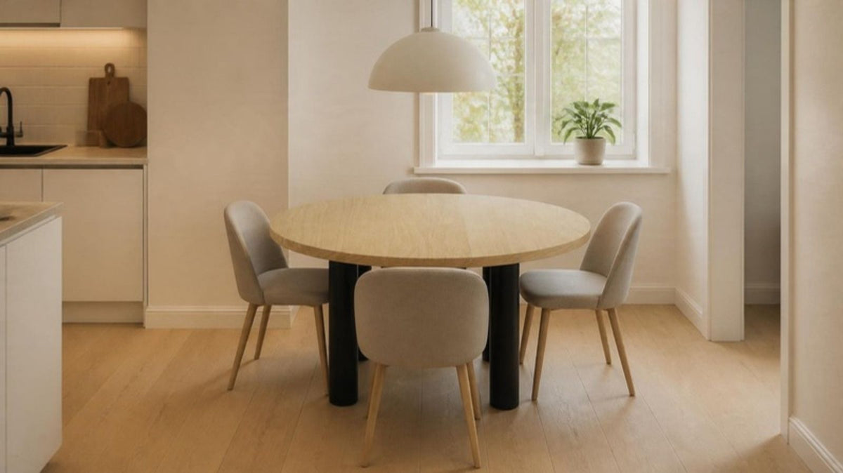 Ronde eiken eettafel met vier stoelen in een kleine eethoek bij de keuken