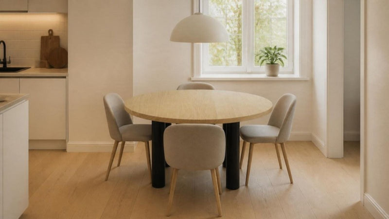 Ronde eiken eettafel met vier stoelen in een kleine eethoek bij de keuken