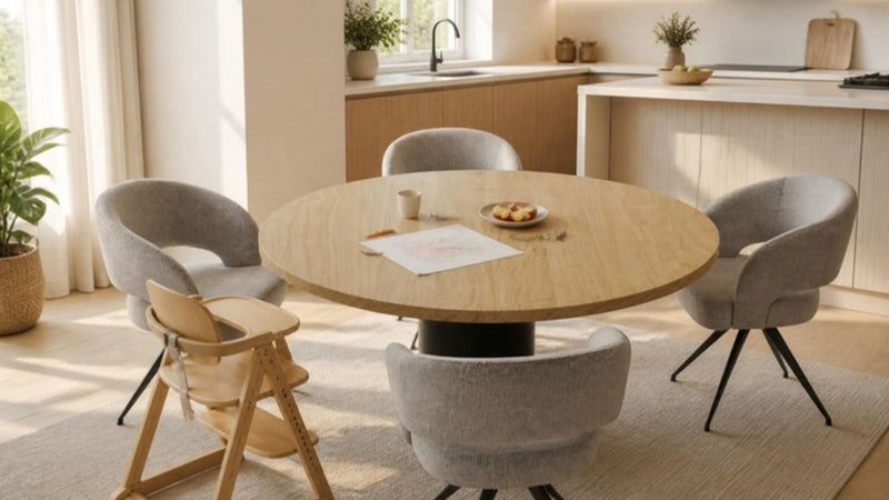Ronde eiken eettafel met kinderstoel en waskrijtjes in een gezinskeuken