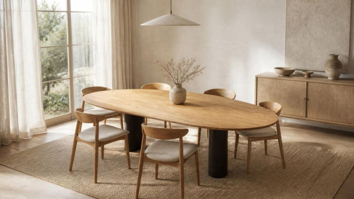 Organische eiken eettafel met zes stoelen in een lichte eetkamer