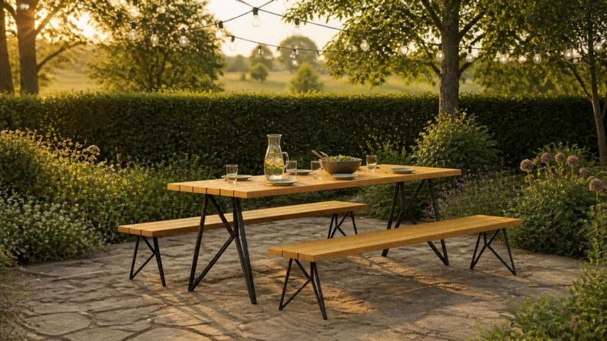 Picknicktafel van hardhout met losse banken op een terras in de tuin