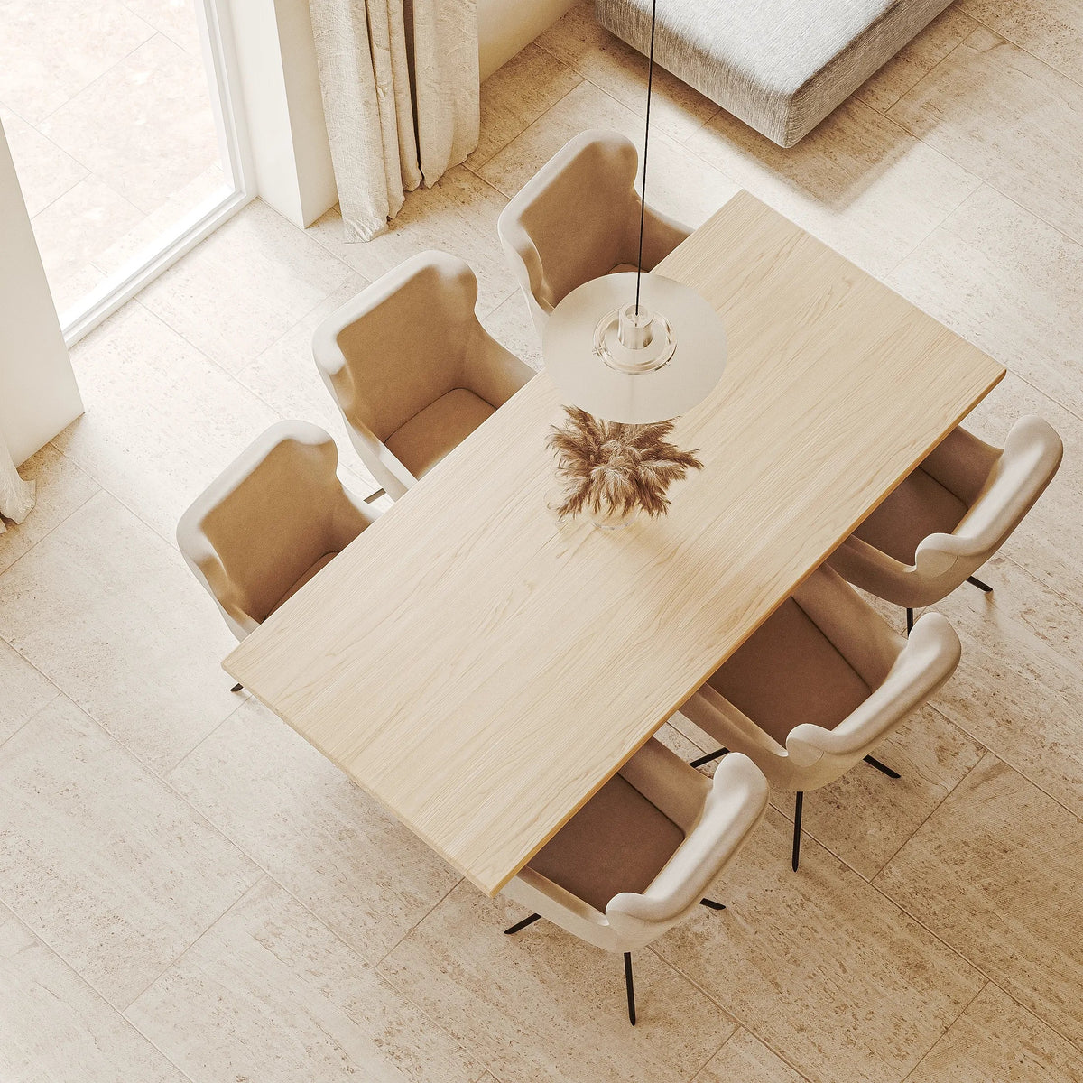 Rechthoekige eiken eettafel in Natural met stoelen, van bovenaf
