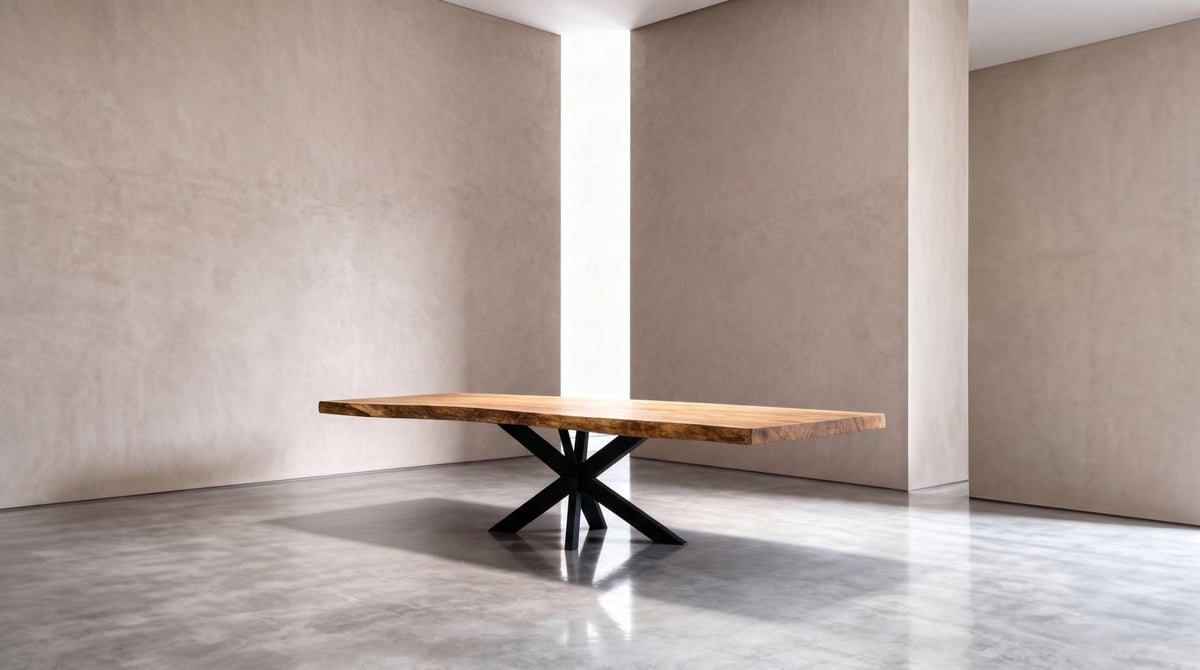 Boomstamtafel met natuurlijke rand en zwart spinpoot-onderstel