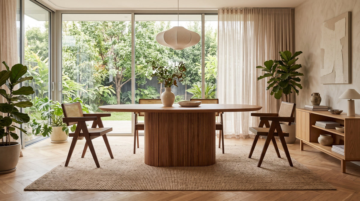 Ovale houten eettafel in een lichte eetkamer met tuinzicht