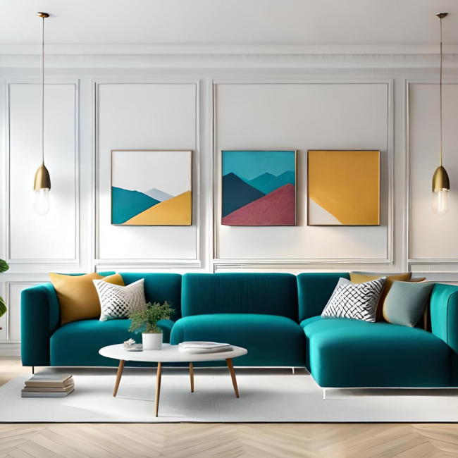 Lichte woonkamer met groene bank