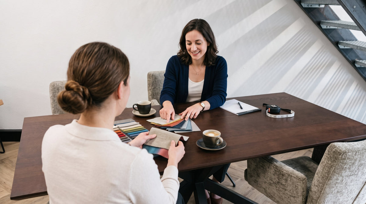 Persoonlijk advies over kleuren en materialen aan tafel in de Bogade showroom