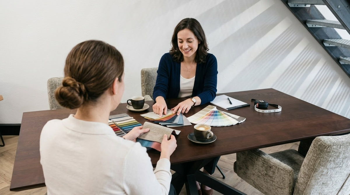 Adviesgesprek aan een eettafel met stof- en kleurstalen