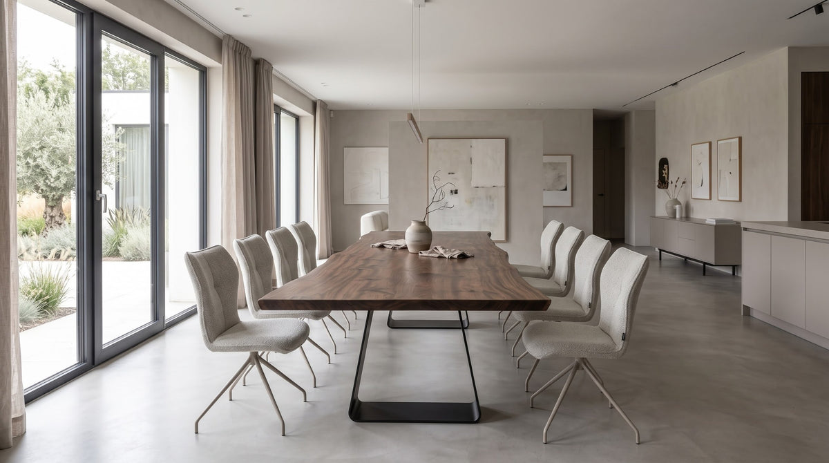 Boomstamtafel met donker houten blad, stalen onderstel en lichte eetkamerstoelen