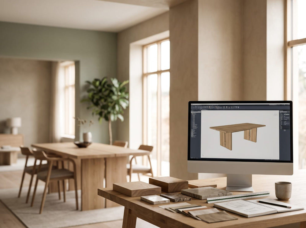 Eiken tafel op maat ontworpen in 3D op een scherm, met houtstalen en natuursteen op tafel