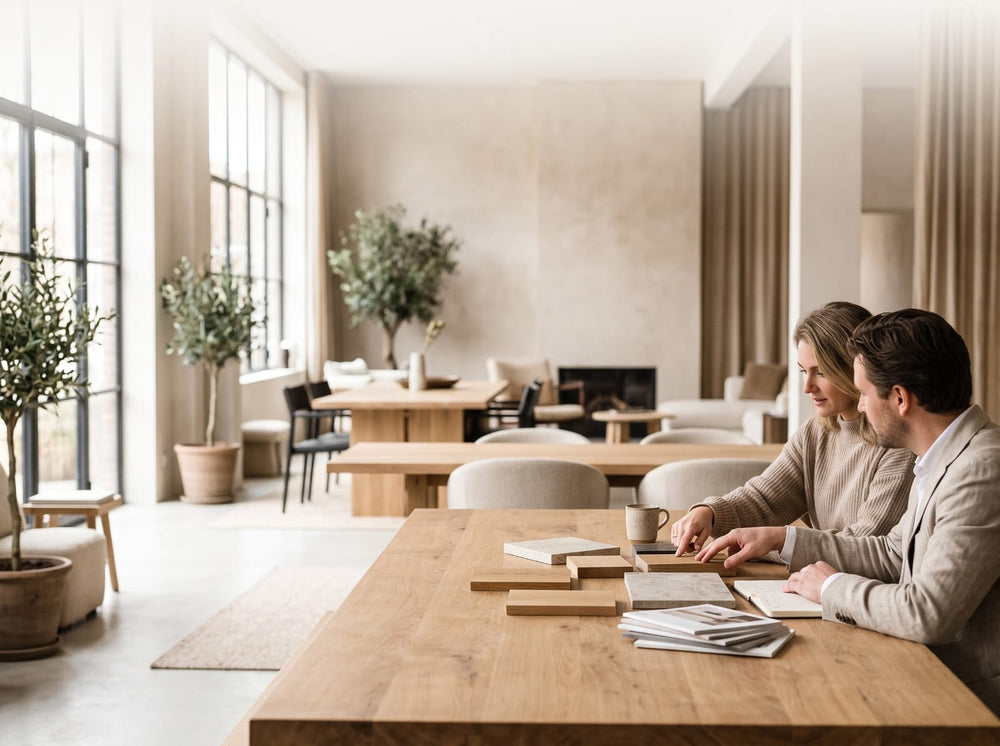 Persoonlijk advies over hout- en steenstalen aan een massief eiken tafel in de Bogade showroom