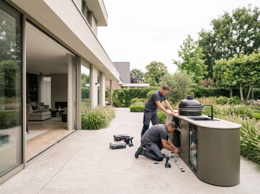 Monteurs van Bogade plaatsen een buitenkeuken met kamado en spoelbak op het terras