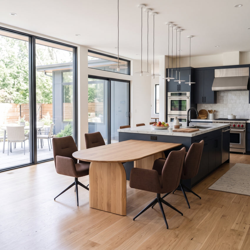 Boogvormige eiken eettafel Natural in een open keuken met kookeiland